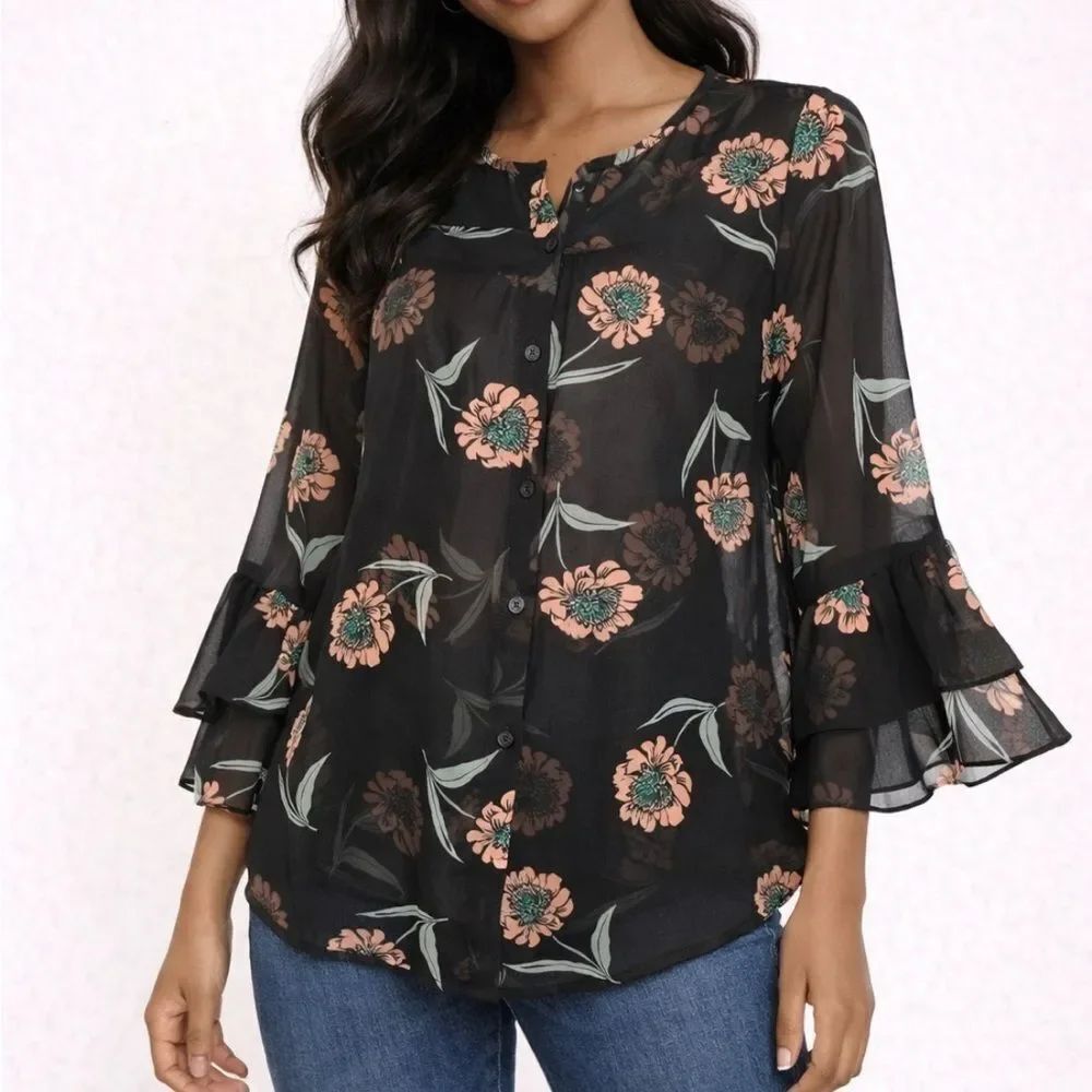 CAbi Black Floral Sheer Whimsigoth Gypsy Fairygoth Bohemian Artsy Blouse Sz S